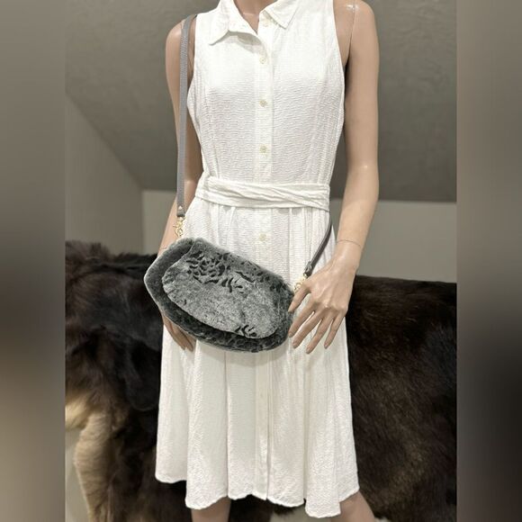 Gray Gradient Handmade Real Shearling Rose Embossed Shoulder Bag/Crossbody Bag - Picture 11 of 16